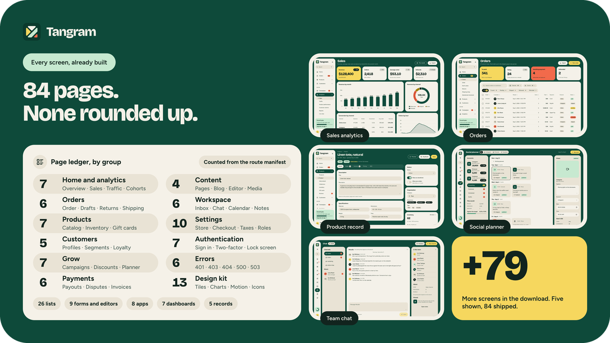 Tangram — 84 pages: seven dashboards, 26 lists, eight full-height apps and a 13-page design kit