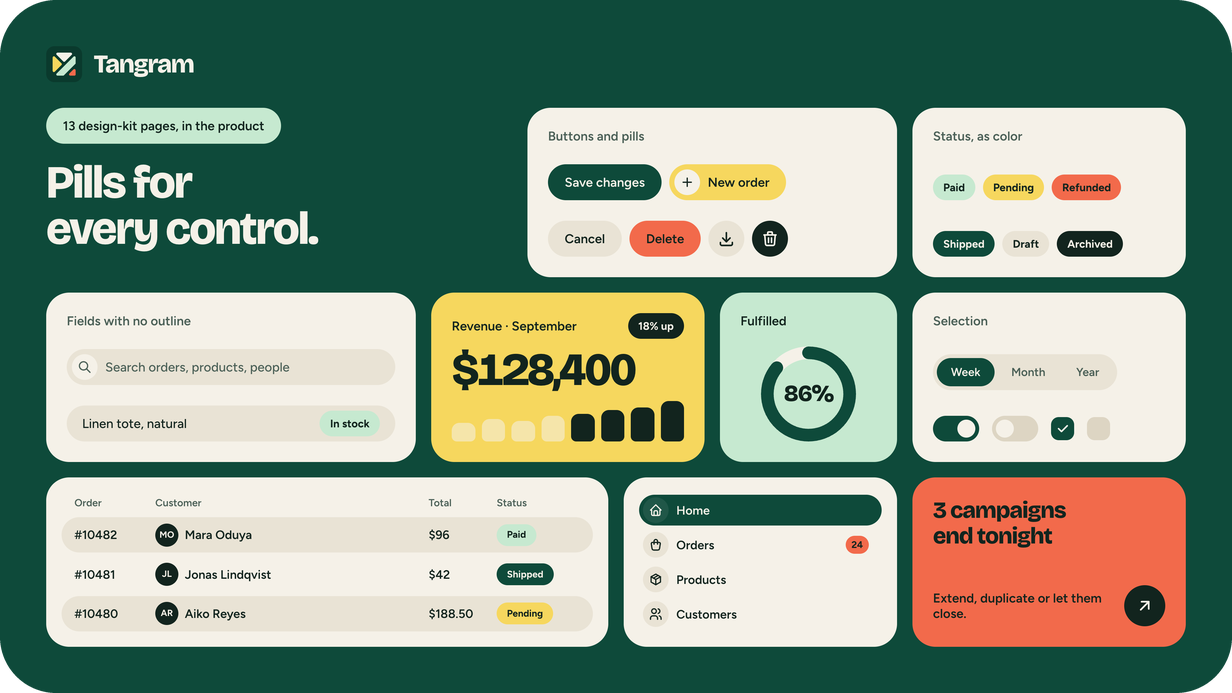Tangram — pills for every control: buttons, status, fields, selection, tables and the island